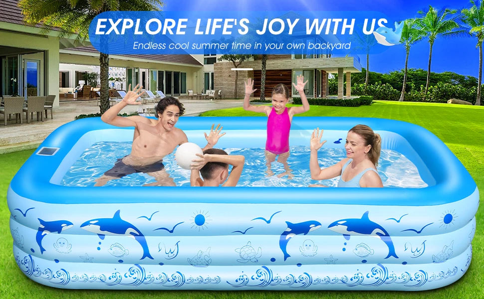 Upgraded Inflatable Pool – Durable Family Pool with Solar Lights (Blue)