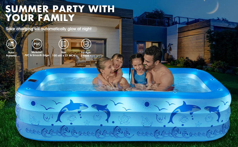 Upgraded Inflatable Pool – Durable Family Pool with Solar Lights (Blue)