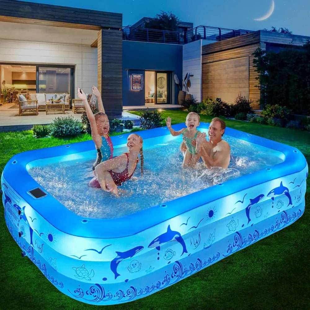 Upgraded Inflatable Pool – Durable Family Pool with Solar Lights (Blue)