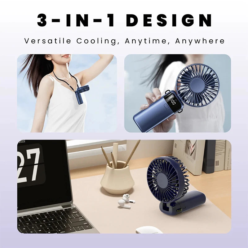 Foldable Mini Fan – Neck Hanging, Phone Stand & Display