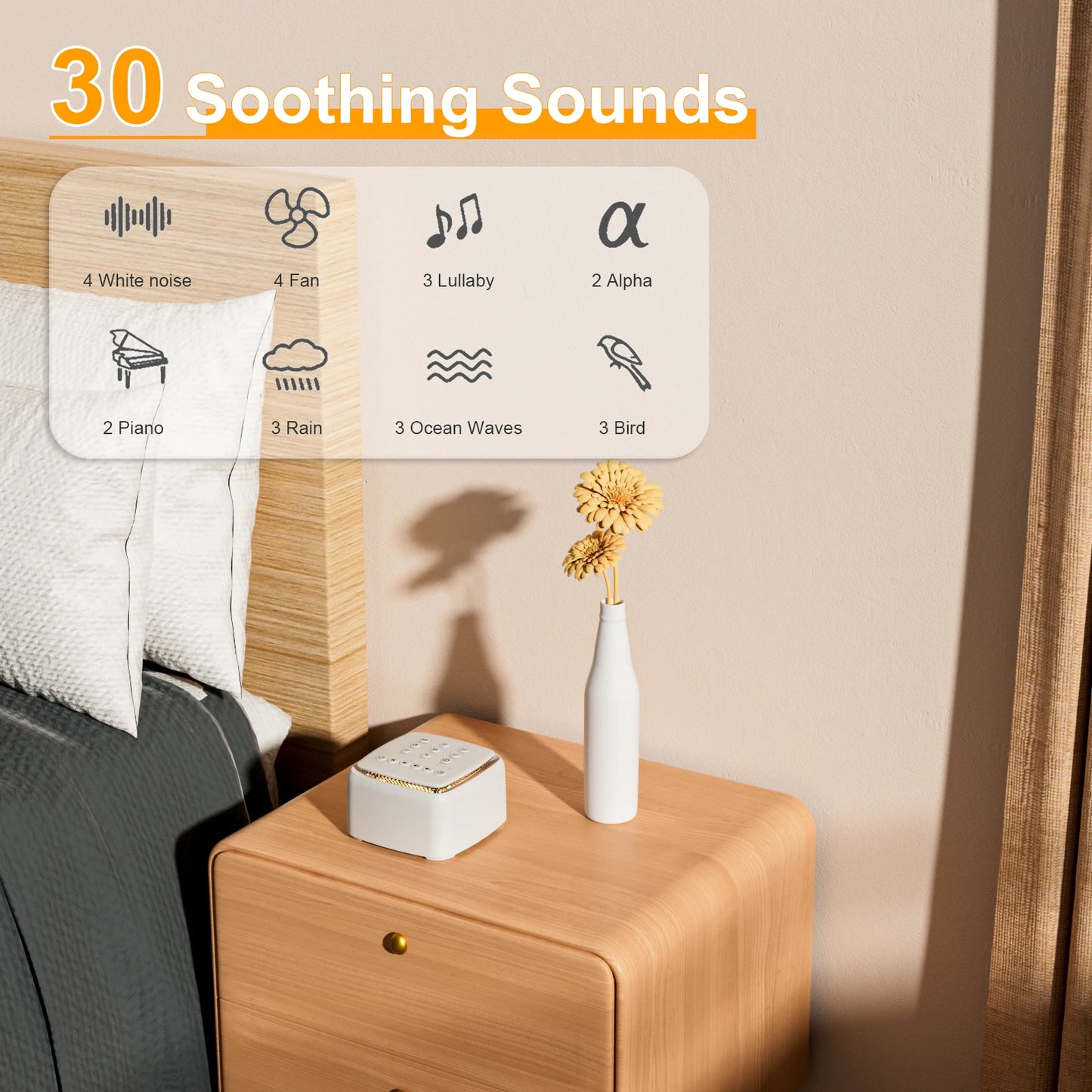 White Noise Machine,30 Soothing Sounds and Warm Light for Sleeping,Powerful Battery 30 Hour Play Sound Machine for Baby Adults