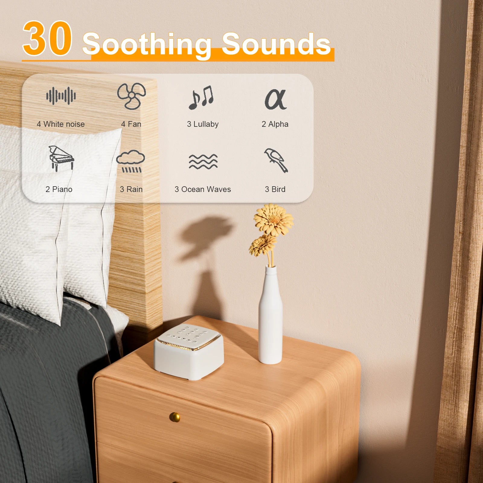 White Noise Machine,30 Soothing Sounds and Warm Light for Sleeping,Powerful Battery 30 Hour Play Sound Machine for Baby Adults
