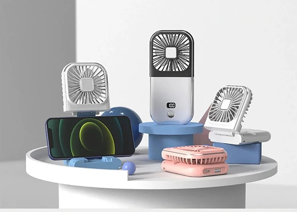 Folding Handheld Fan – Power Bank Function, Digital Display, Neck Hanging