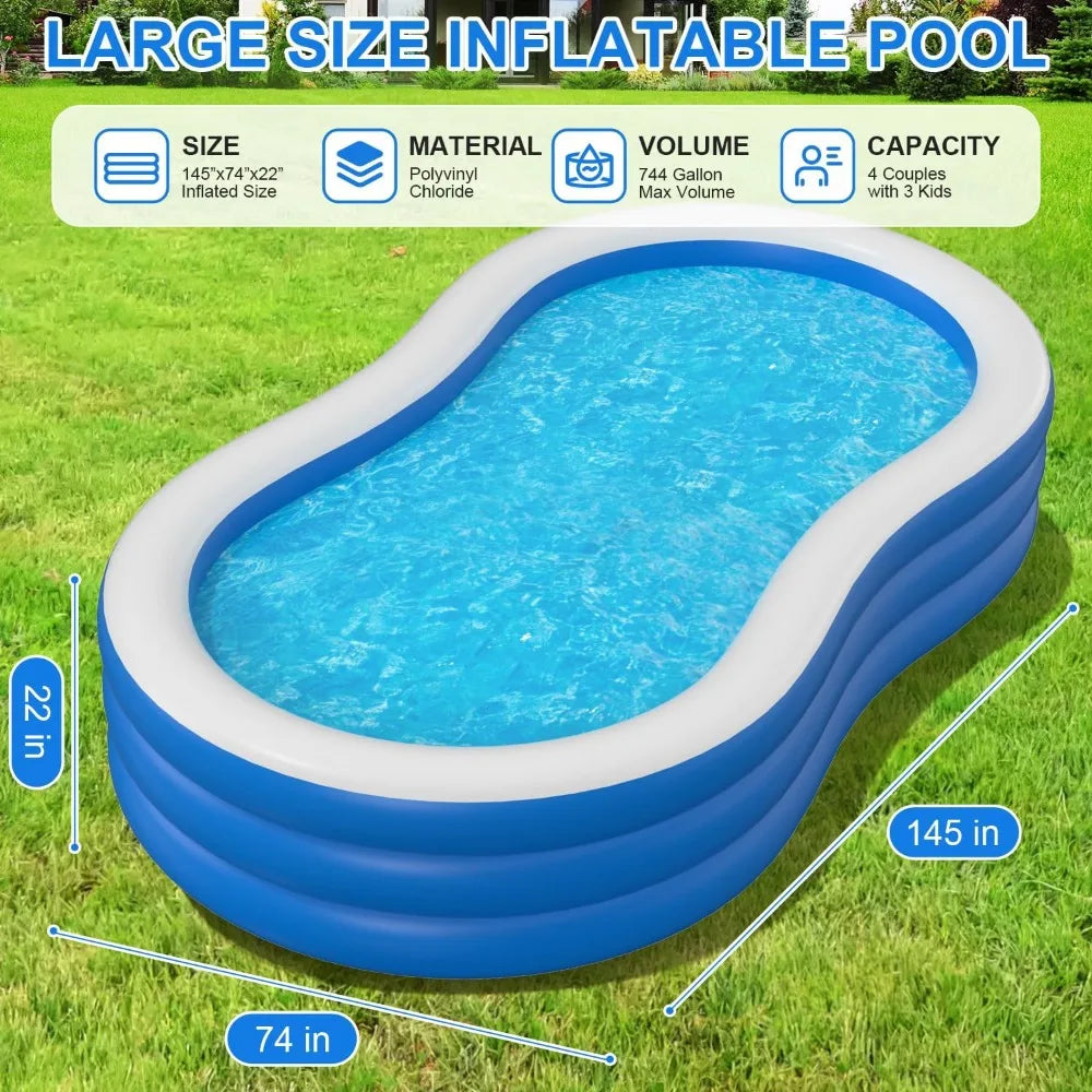 145”x74”x22” Extra-Large Inflatable Pool – 0.6mm Thick, Family Outdoor Pool (Pump Not Included)
