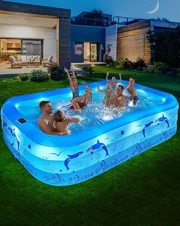 Upgraded Inflatable Pool – Durable Family Pool with Solar Lights (Blue)