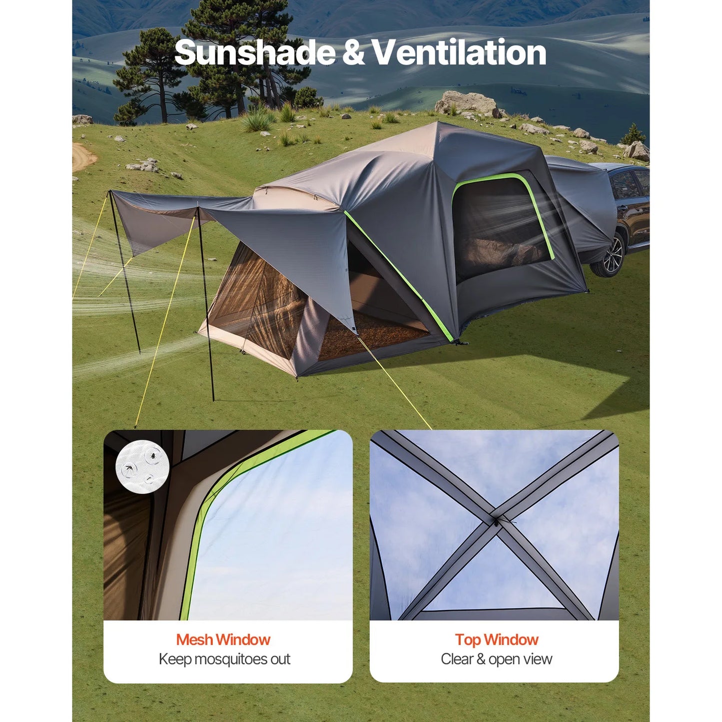 SUV Tent for Camping Waterproof PU2000mm Spacious Double Layer Design SUV Tent with Shade Awning and Mesh Windows