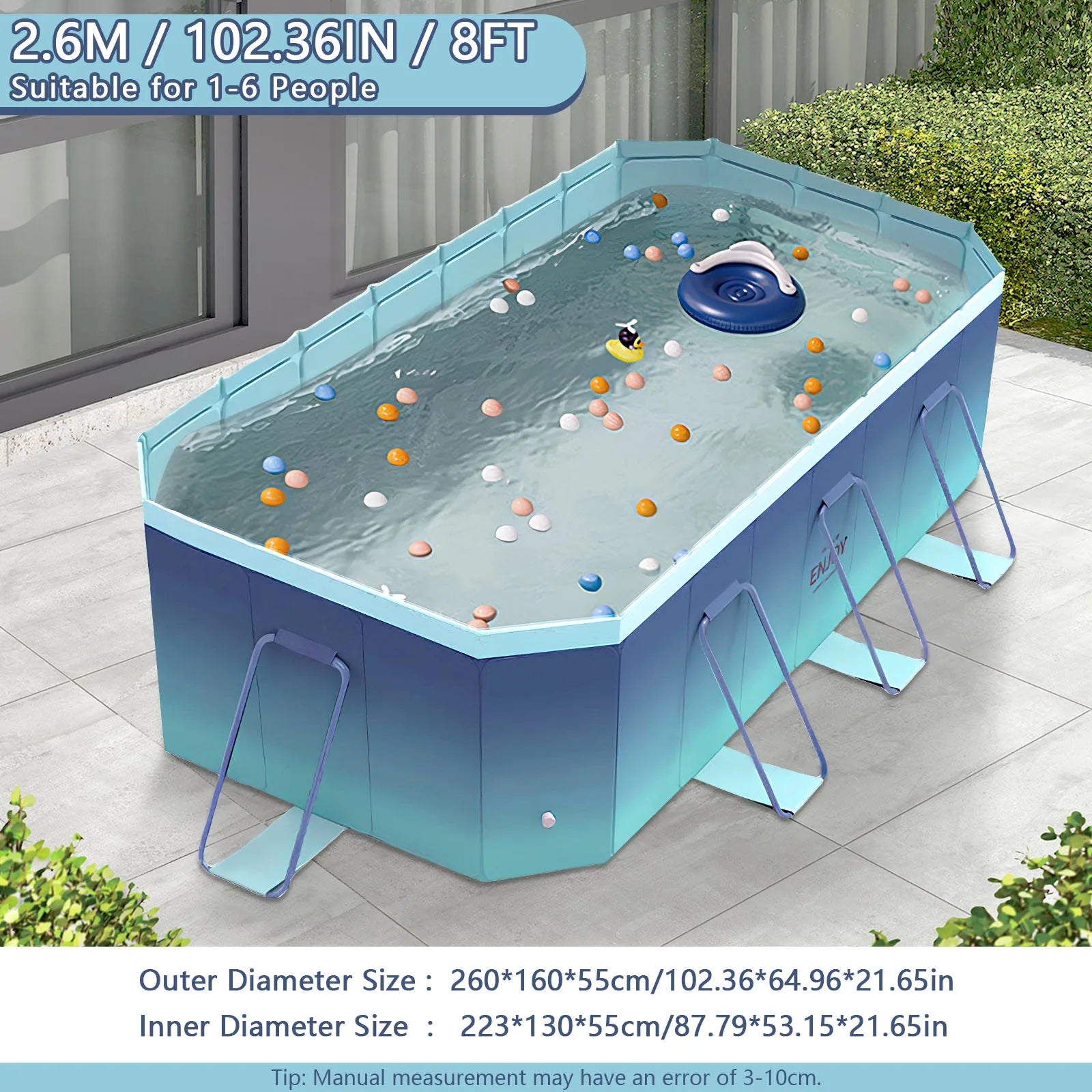 Foldable Family Pool – 2.6/3m Large Rectangular, Non-Inflatable, Easy Setup
