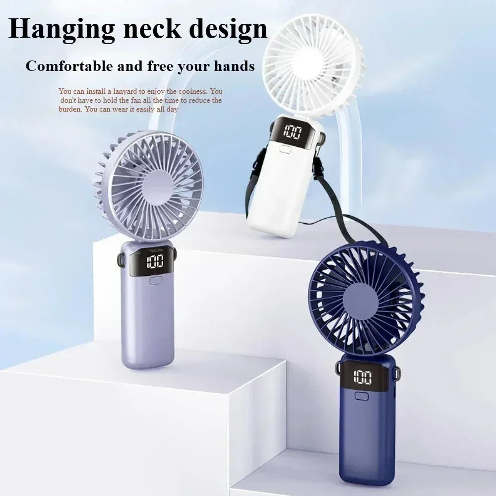Foldable Mini Fan – Neck Hanging, Phone Stand & Display