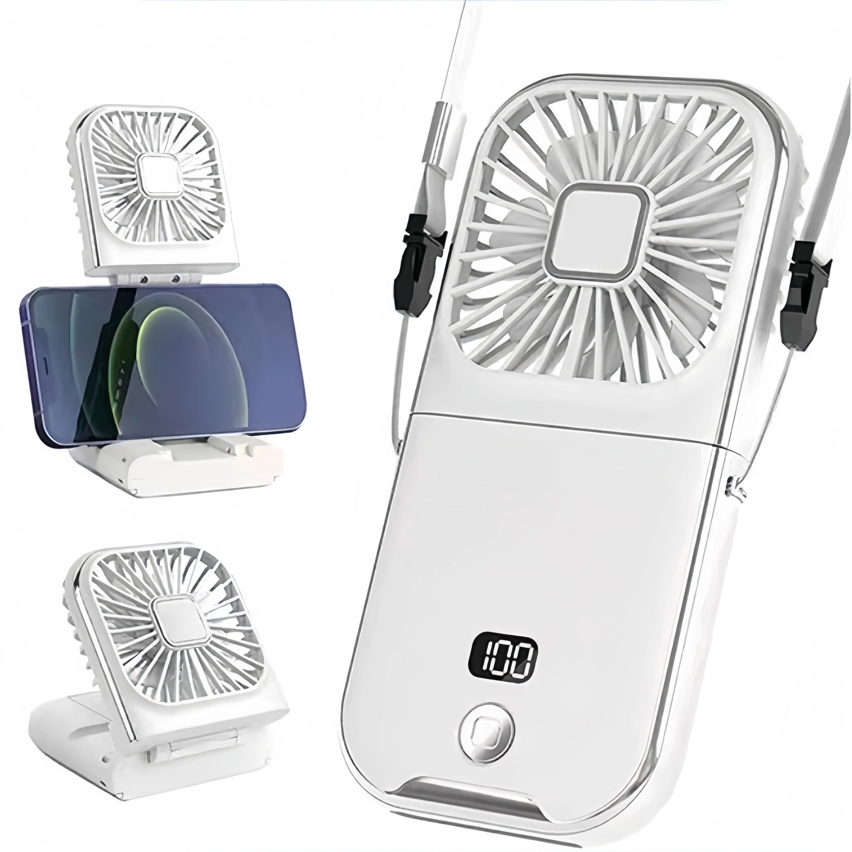Folding Handheld Fan – Power Bank Function, Digital Display, Neck Hanging