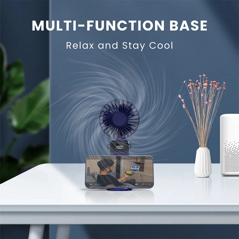 Foldable Mini Fan – Neck Hanging, Phone Stand & Display