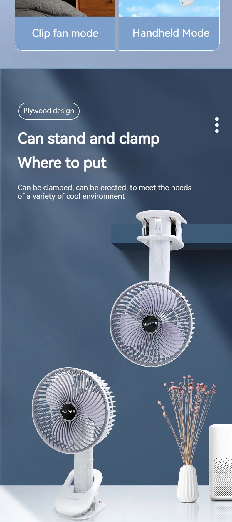 Handheld Fan with Detachable Base – Clip-On, Office & Outdoor Use