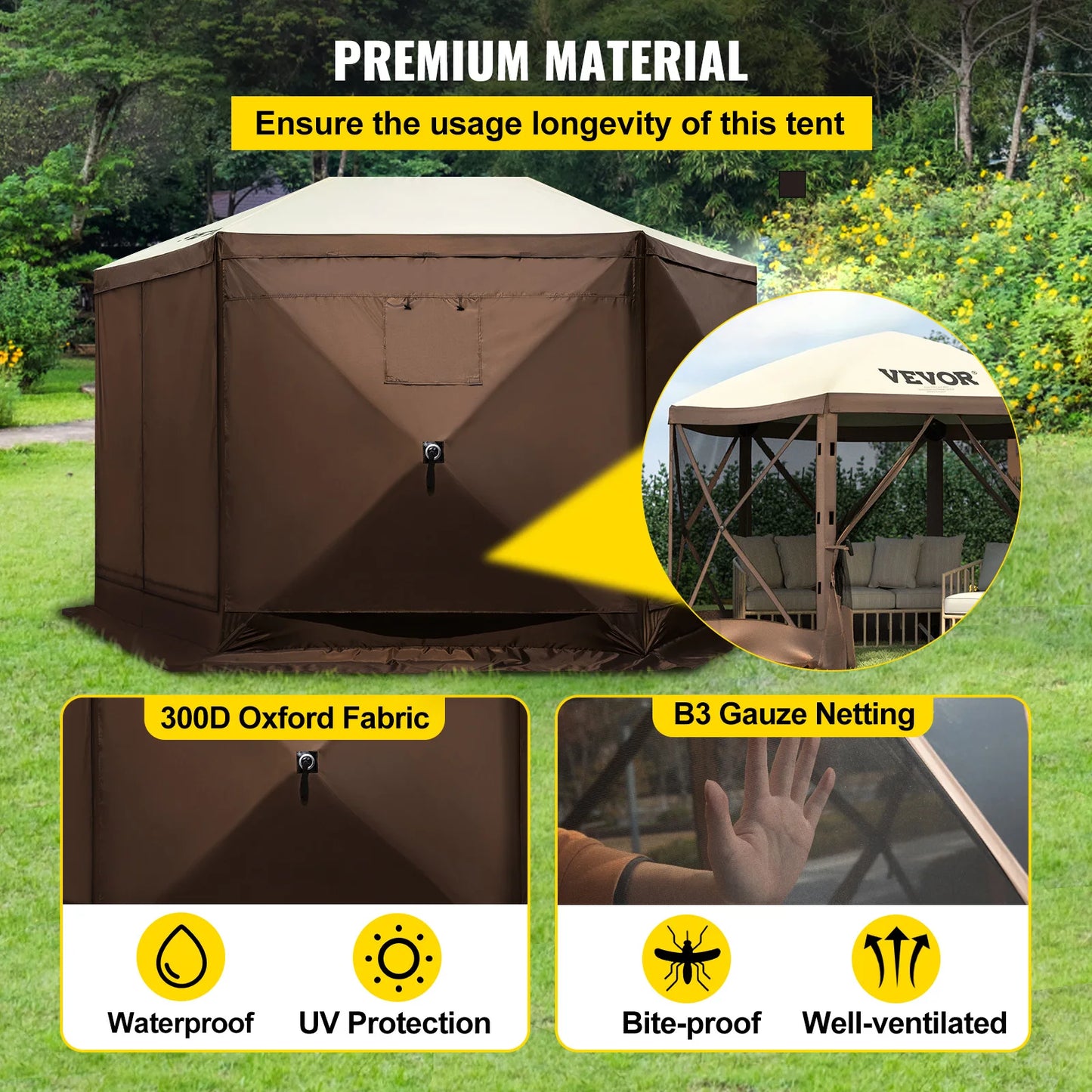 VEVOR Pop-up Camping Gazebo Camping Canopy Shelter 6 Sided 12' x 12' Sun Shade Tents & Canopies Camping & Hiking