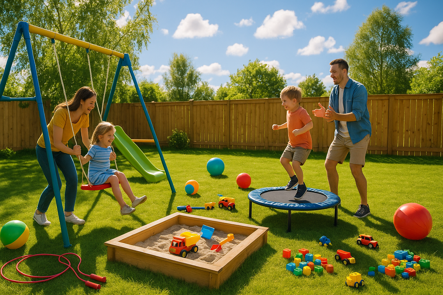 too many people. set the background a home backyard. add more toys